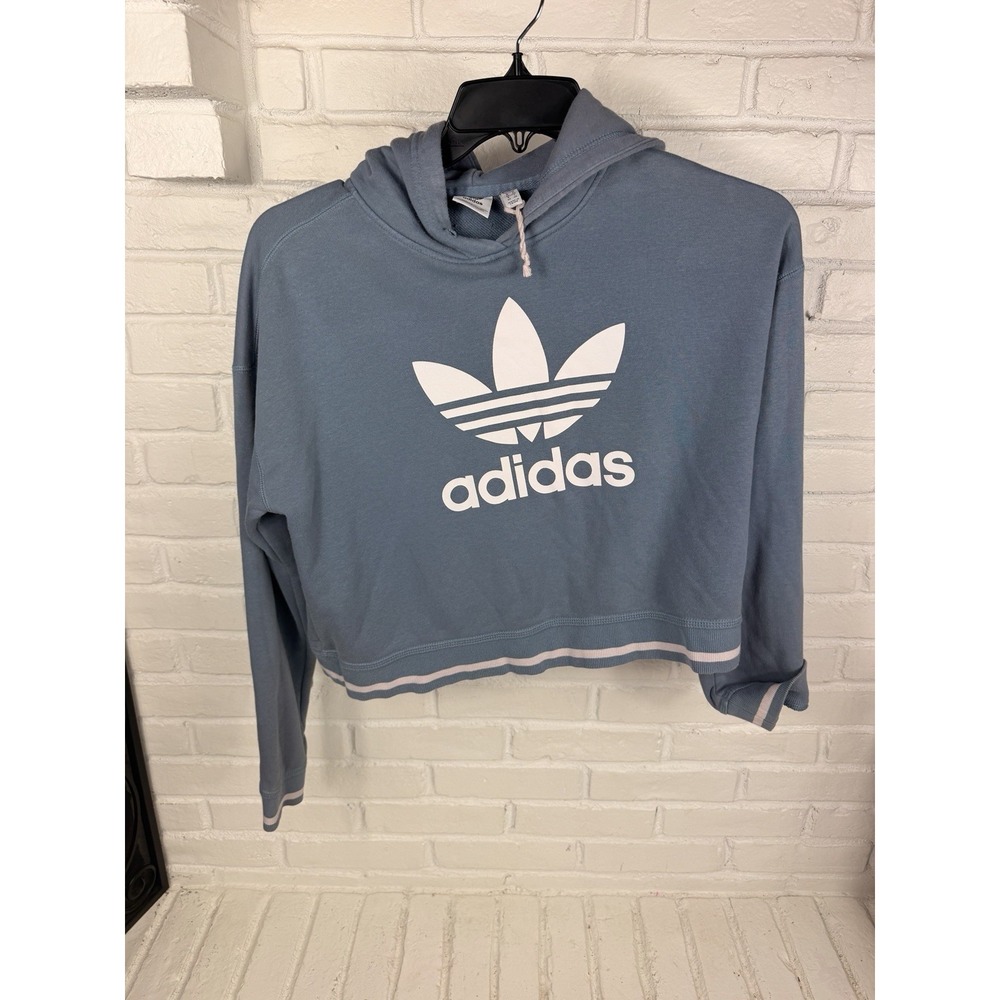 Adidas Originals Womens M Dusty Blue Trefoil Cropped Hoodie Streetwear